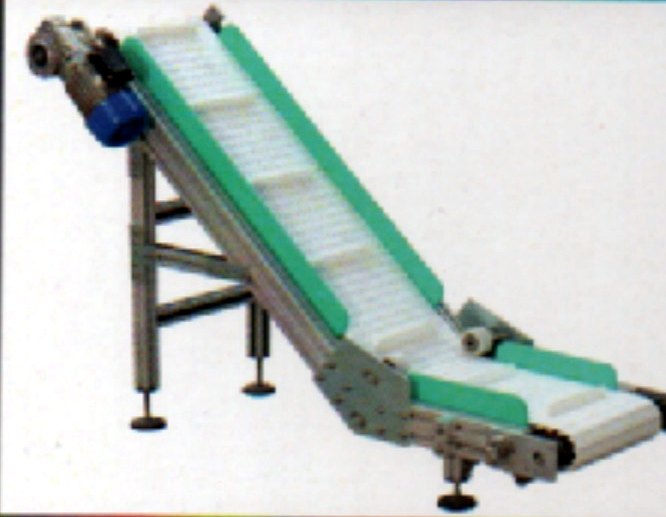 Inclined pouch conveyor with cleated belt